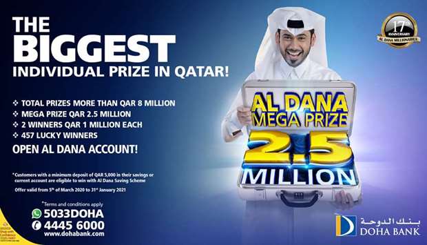 Doha Bank's Al Dana 2020 scheme comes with a mega prize worth QR2.5mn