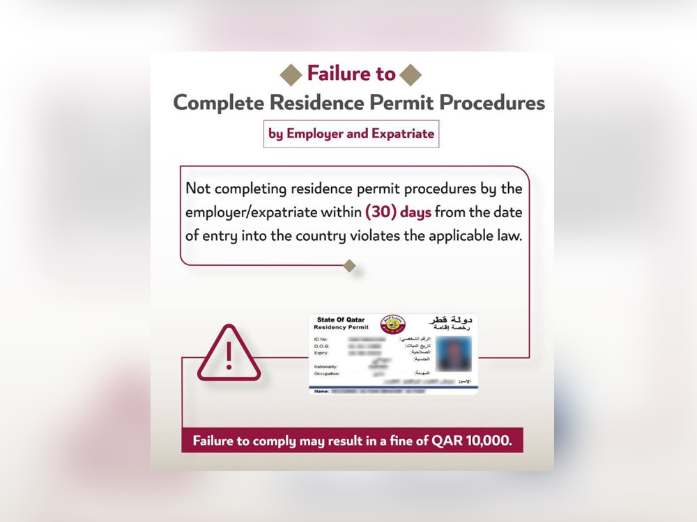 Penalty of QR10,000 for Non-Completion of Residence Permit Procedures