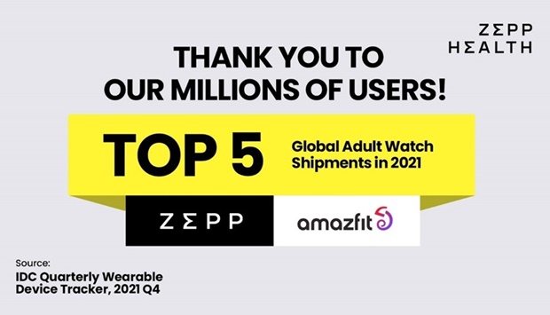 Zepp Health ranked in top 5 in global smartwatch shipments in 2021